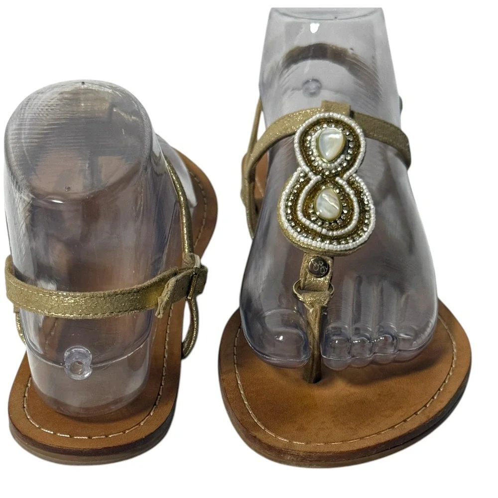 LILLY PULITZER Beaded Gold‎ Leather T-Strap Thong Sandals Size 7.5M